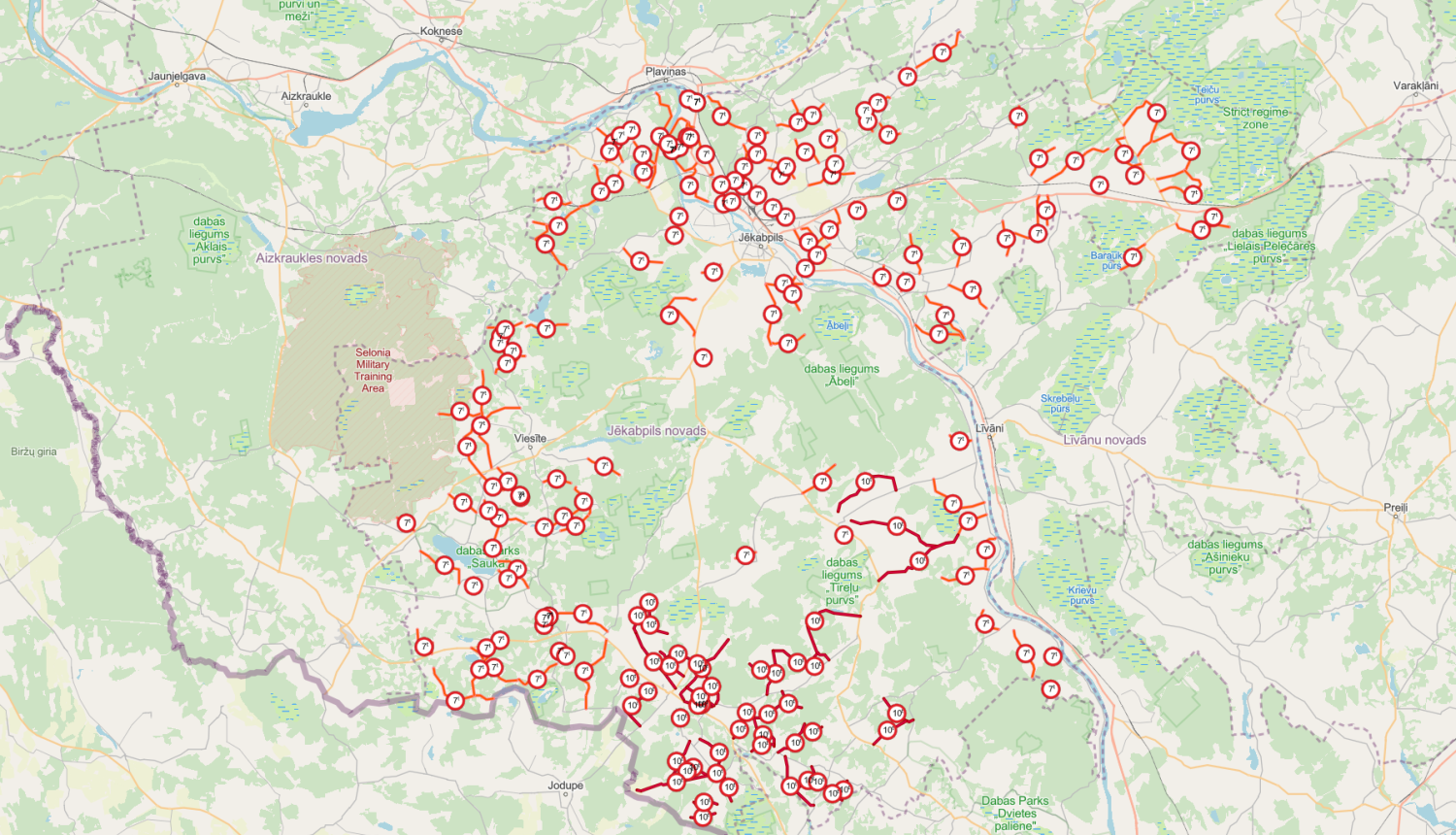 Karte ar iezīmētiem ceļiem un svaru ierobežojumiem