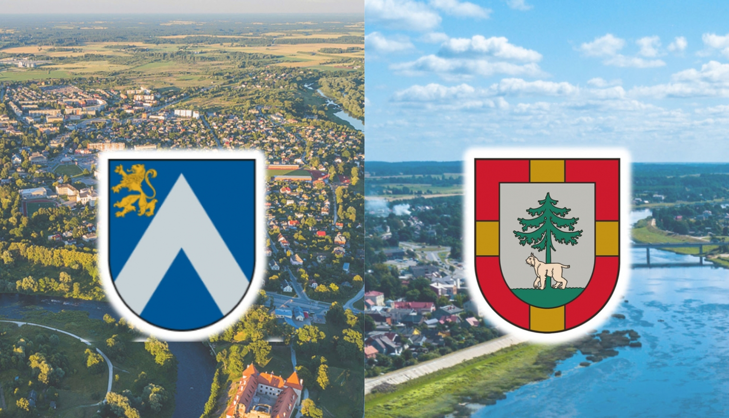 Bauskas novada ģerbonis un Jēkabpils novada ģerboņi uz drona uzņemtu pilsētainavu fona