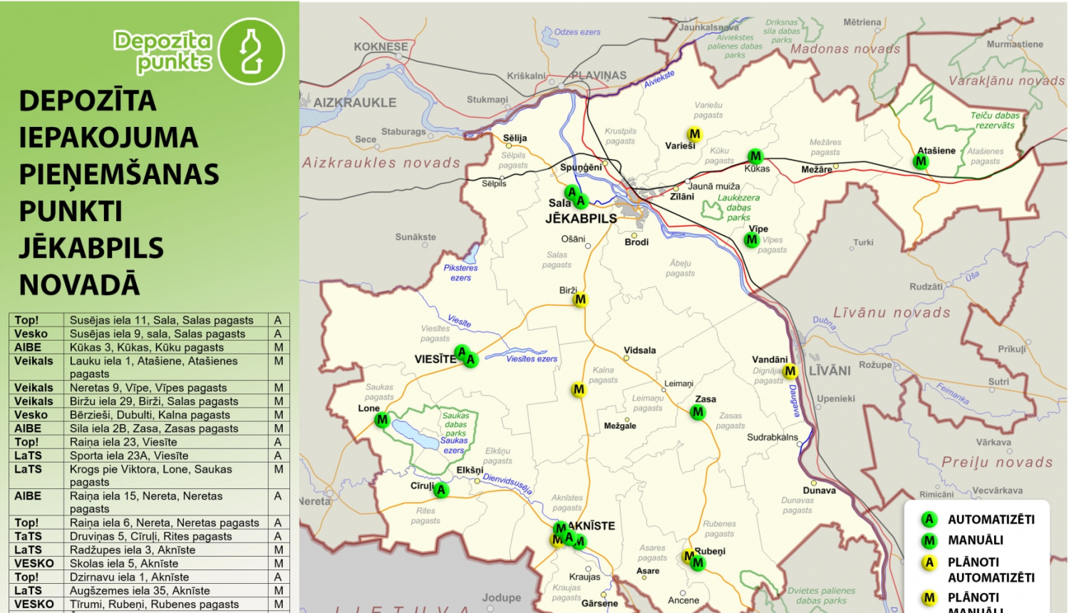 Karte ar depozīta punktiem Jēkabpils novadā
