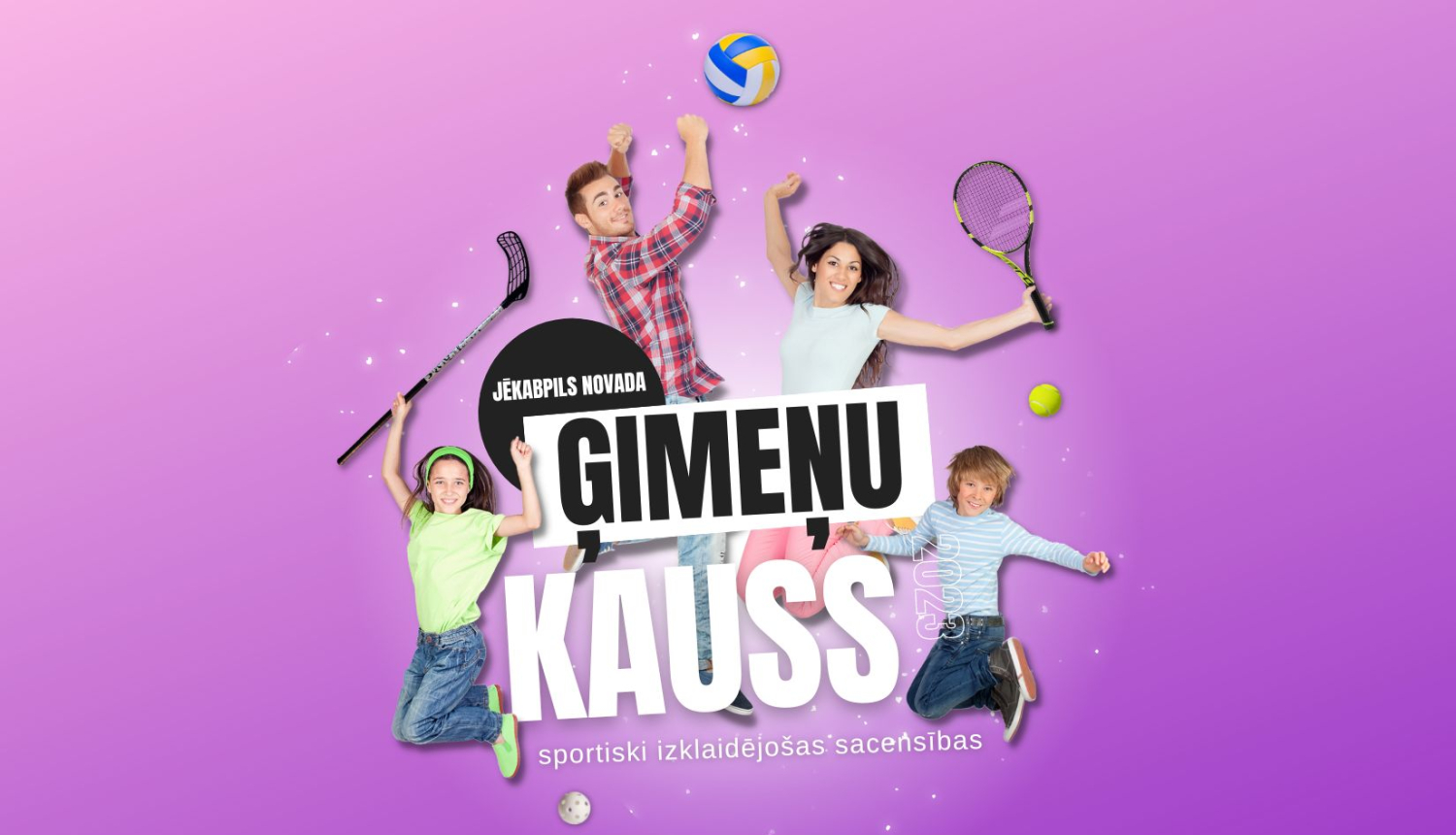 Ģimeņu kauss - personu kolāža ar dažādu sporta veidu atribūtiku rokās