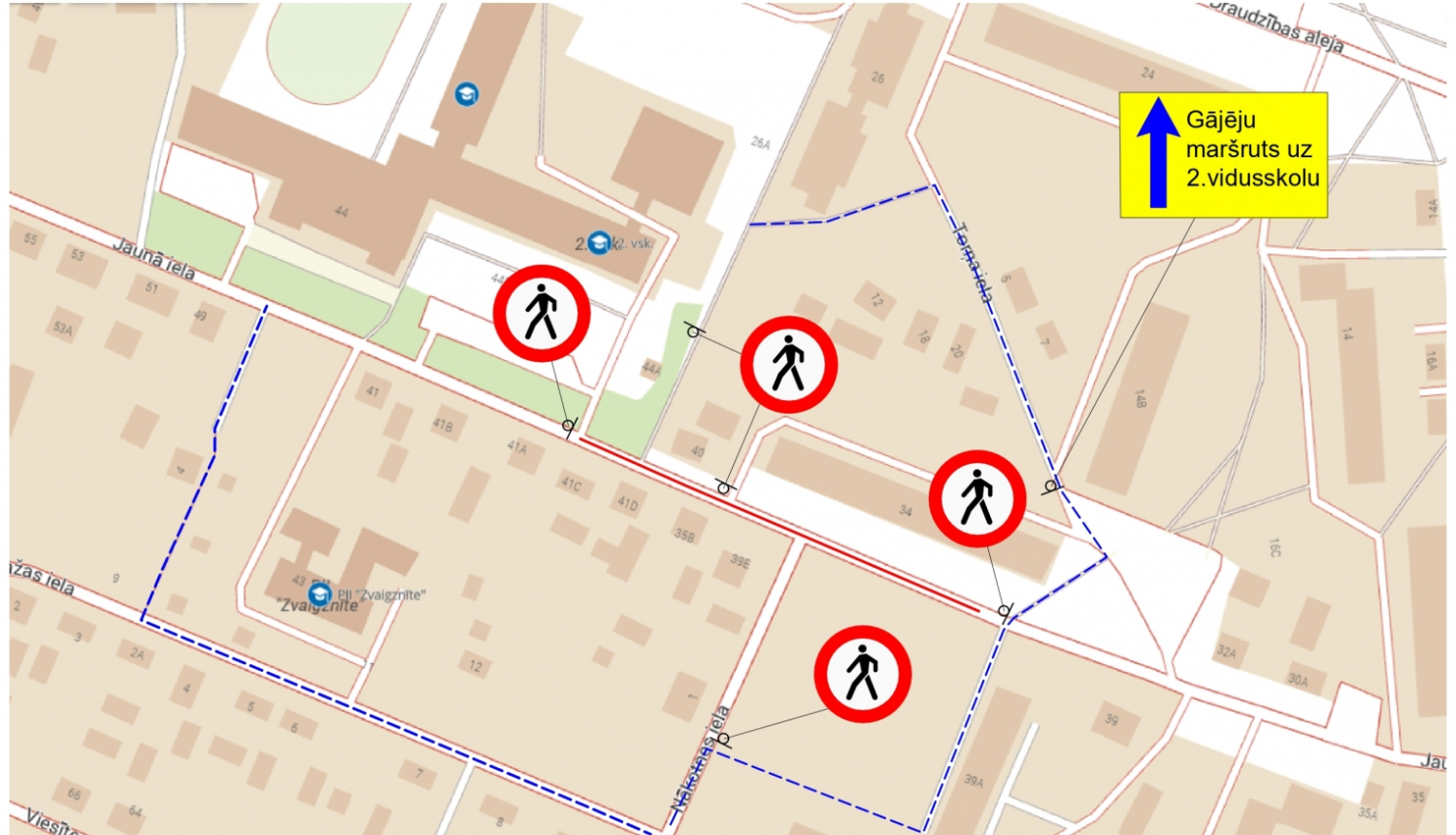 karte, kurā parādīta satiksmes shēma Jaunajā ielā