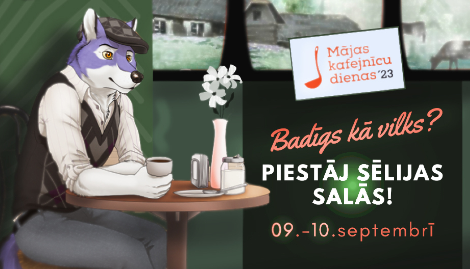 Plakāts - zīmēts vilks sēž kafejnīcā, teksts uz tumša fona