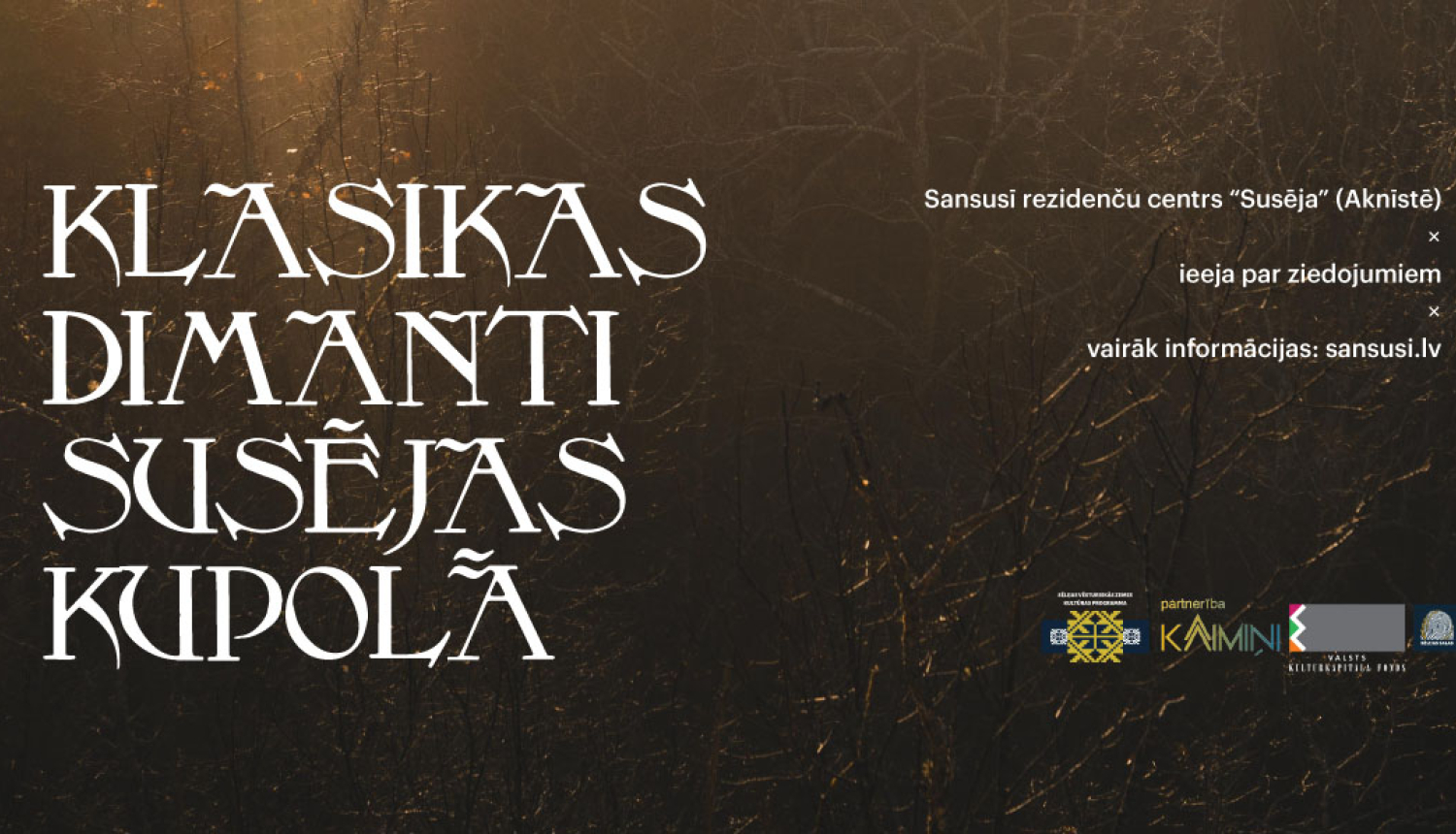 plakāts - teksts uz brūngani zeltaina fona, klāt logo