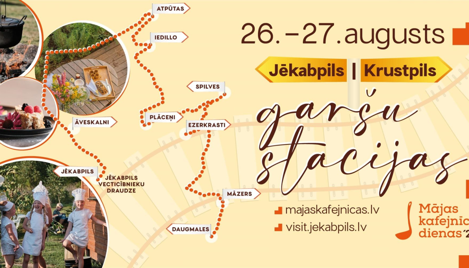 Mājas kafejnīcu dienu Jēkabpils novadā plakāts - stilizēta karte, ilustratīvas bildes, teksts uz gaiši dzeltena fona