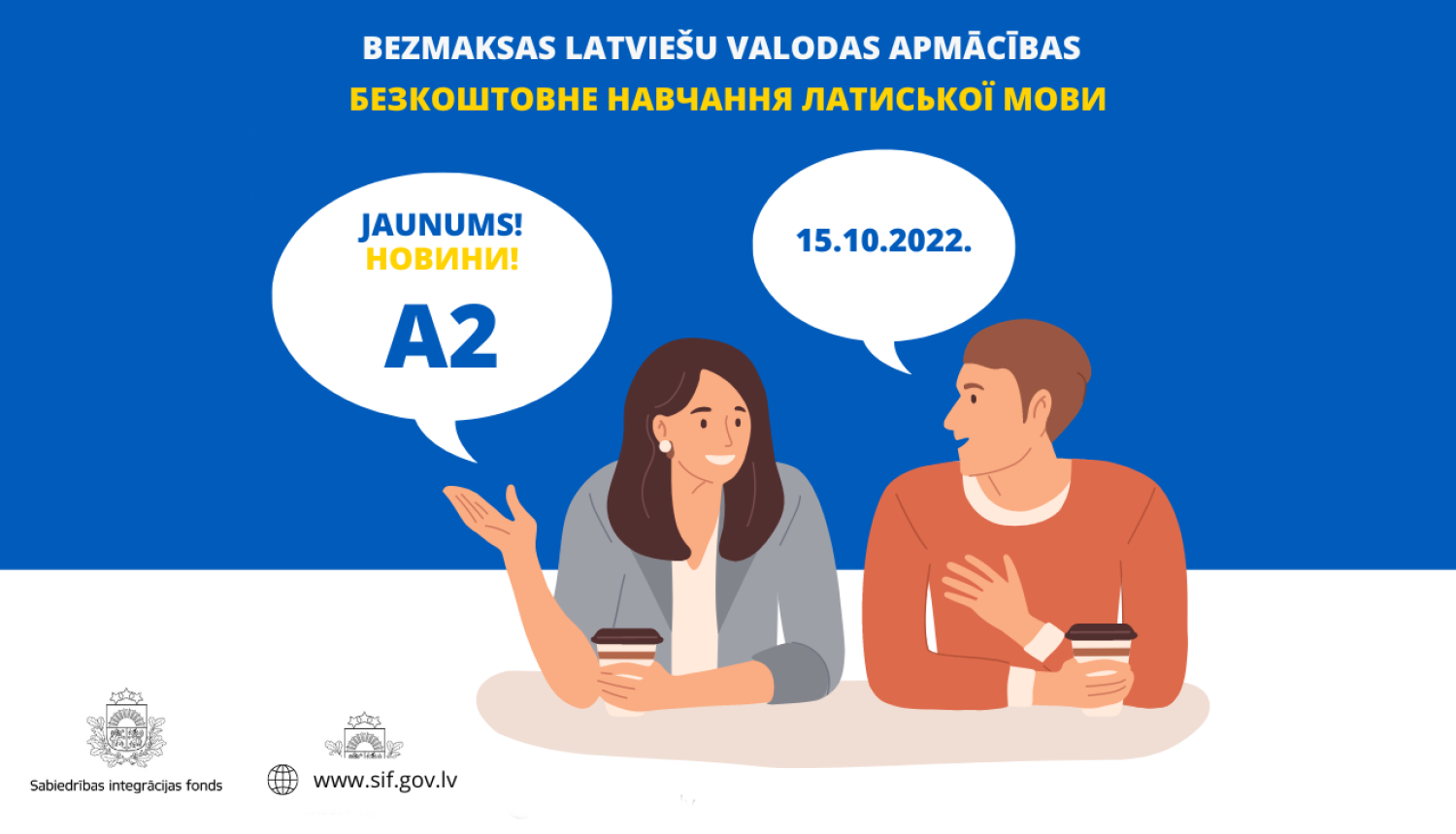 Apmācību plakāts - teksts uz zila fona un fona lejasdaļā zīmēti cilvēki runā