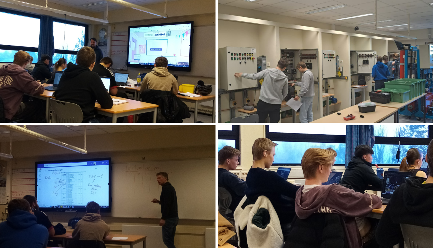 4 bilžu kolāža ar ainām no mācību stundas - skolēni sēž solos, tiek rādīta informācija uz interaktīvās tāfeles, mācību inventāra plaukti