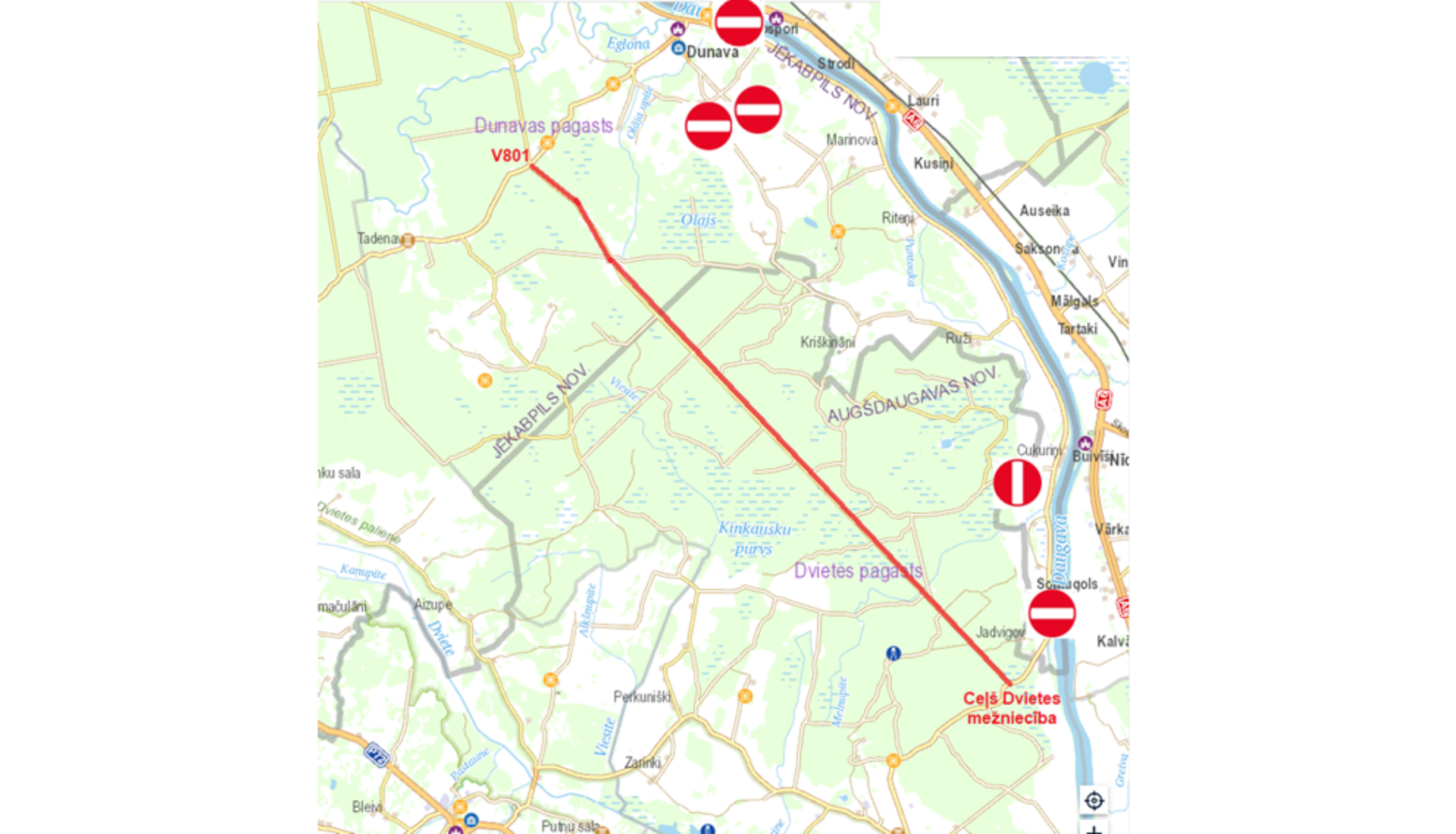 Slēgti vairāki autoceļi Dunavas, Dignājas un Ābeļu pagastu teritorijās