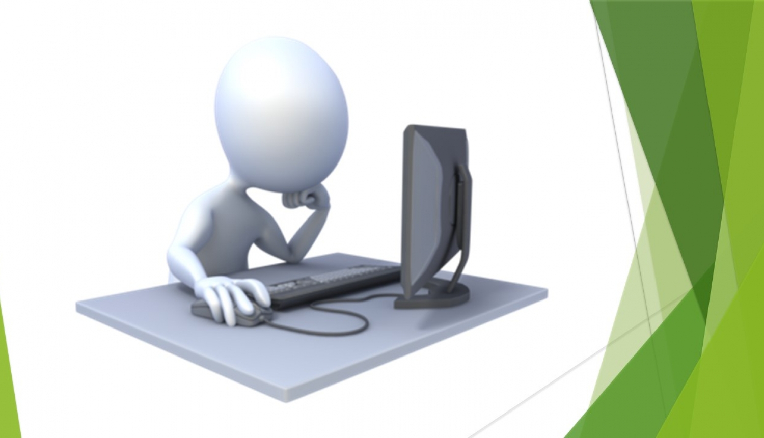 Zīmēta grafika - persona sēž pie galda, klikšķina datorpeli un skatās monitorā. Pa labi - zaļģani vizuālie elementi