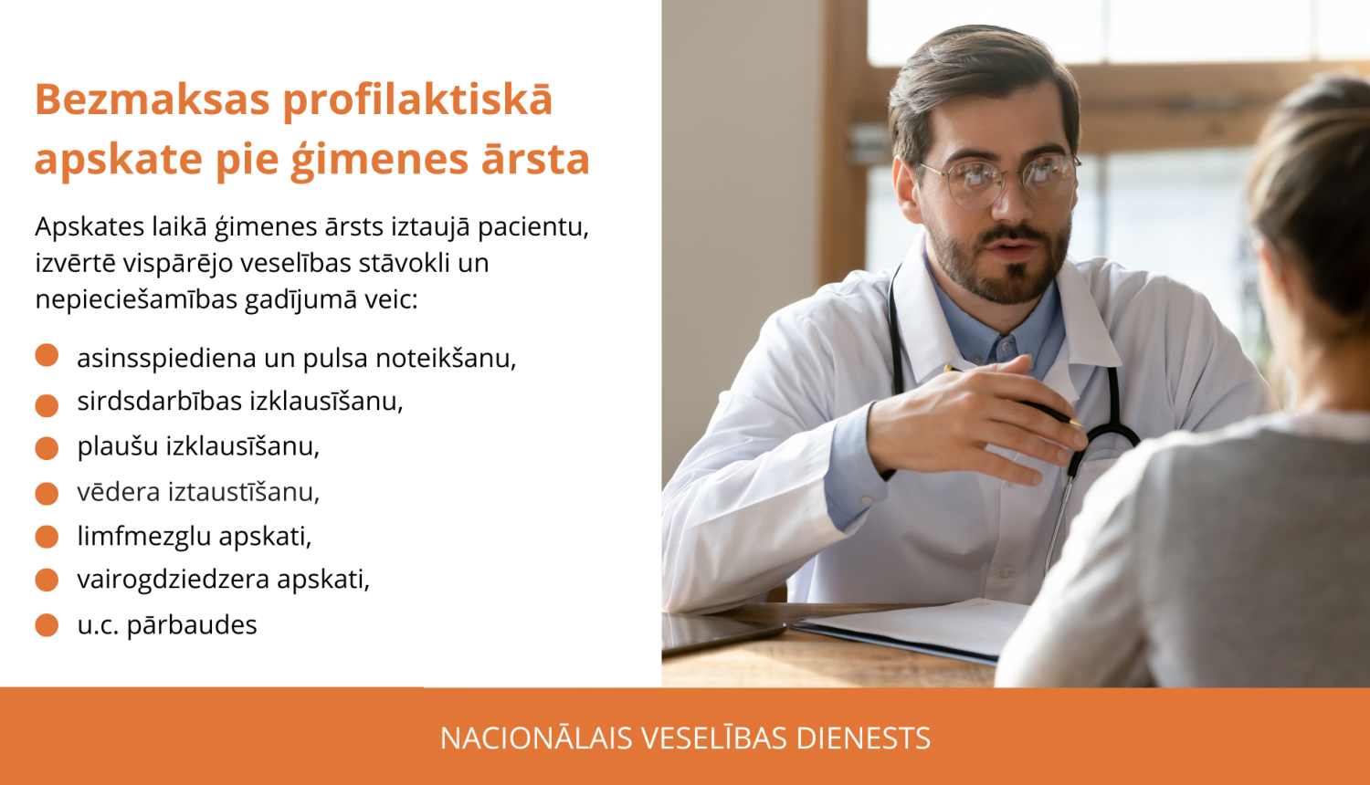 Informatīvs plakāts - teksts uz balta fona un pa labi bilde ar ģimenes ārstu