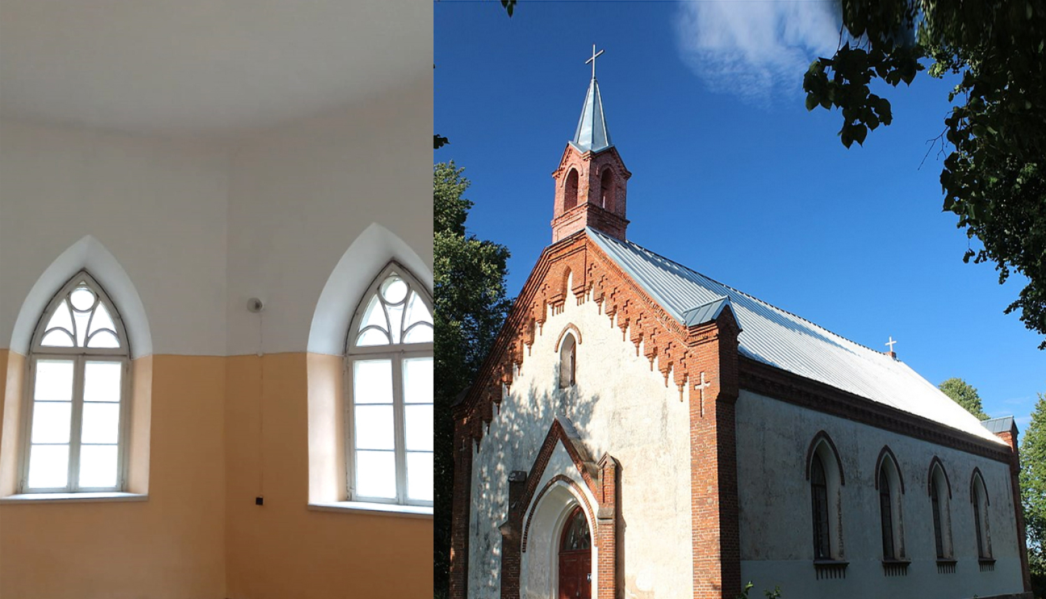 Attēlu kolāža - pa kreisi Dignājas baznīcas skaristeja un pa labi pati baznīca