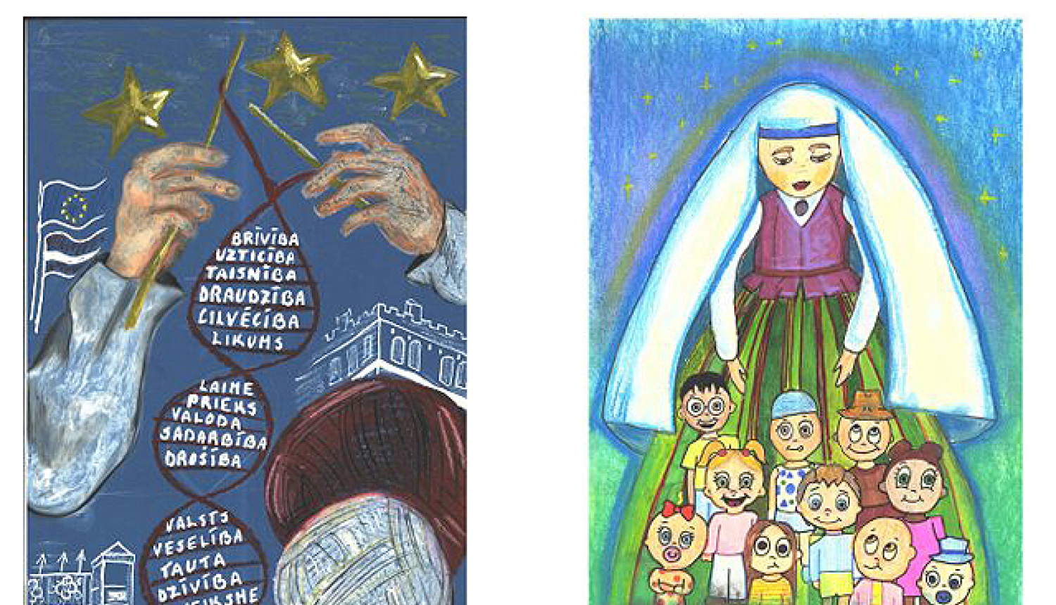 Attēlu kolāža ar abu meiteņu darbiem