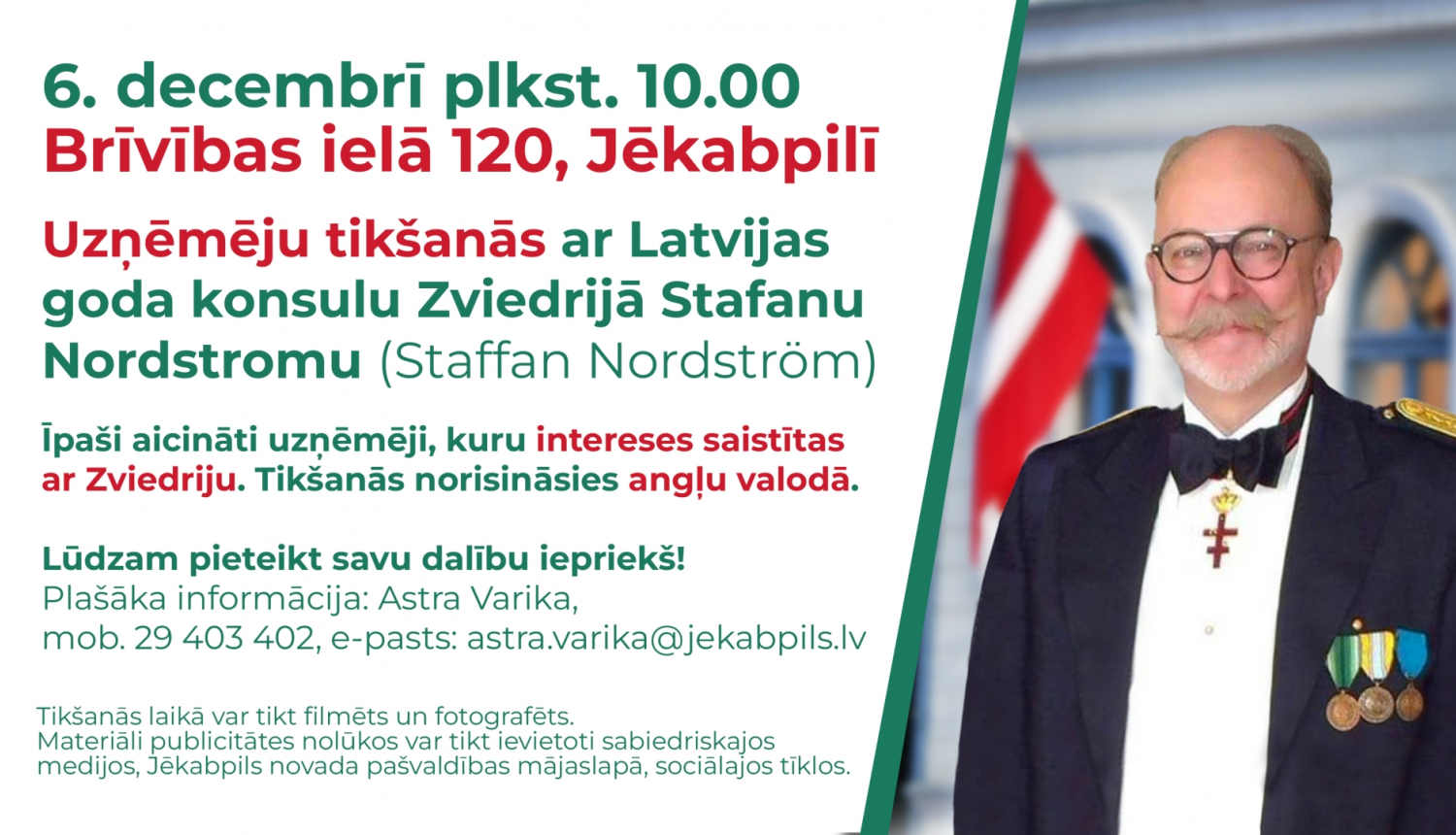 Uzaicinājuma teksts uz gaiša fona un Stafana portretfoto pa labi - vīrs gados ar brillēm, ūsām un bārdu