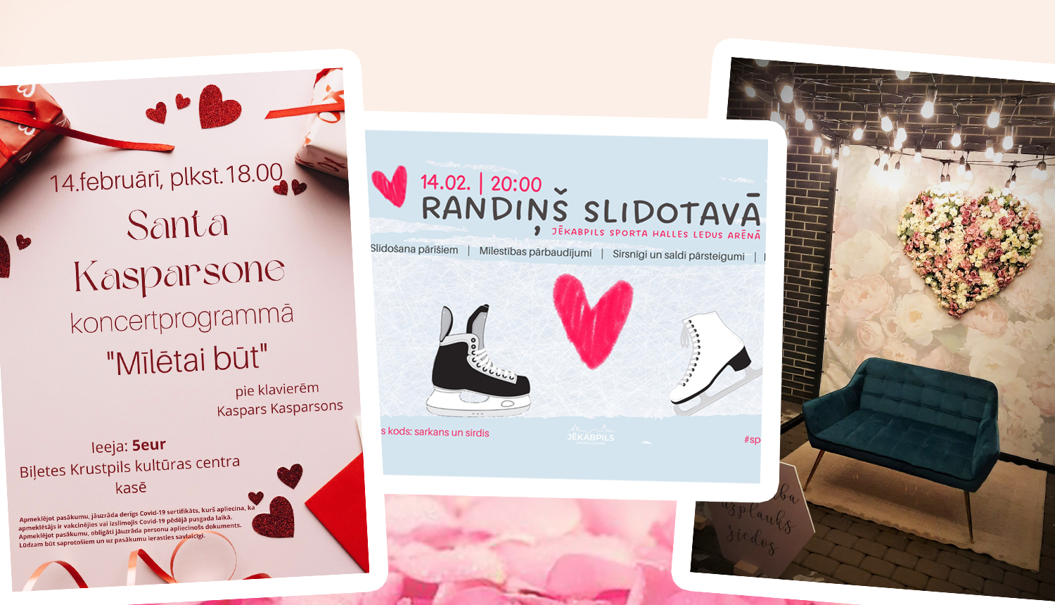 3 pasākumu afišu kolāža uz rožlapiņu fona