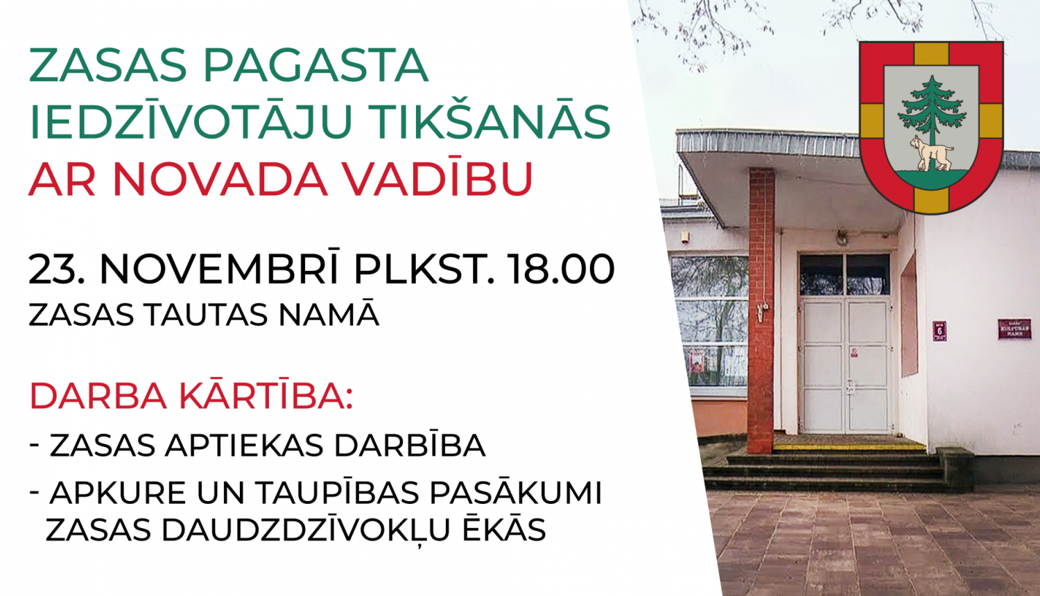 Plakāts ar tekstu uz balta fona un Zasas tautas nama bildi ziemā