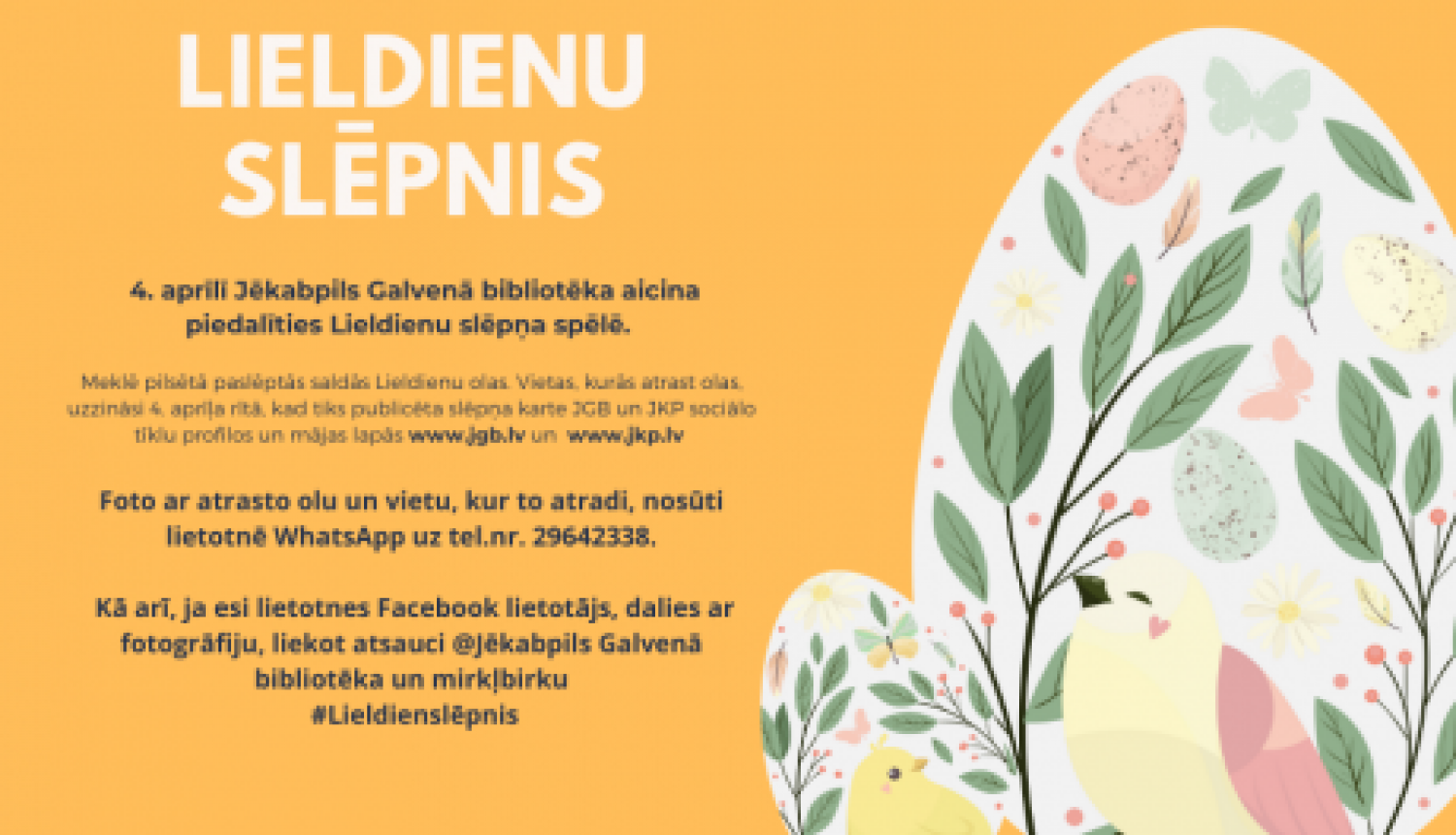 Jēkabpils Galvenā bibliotēka aicina piedalīties Lieldienu slēpņu spēlē