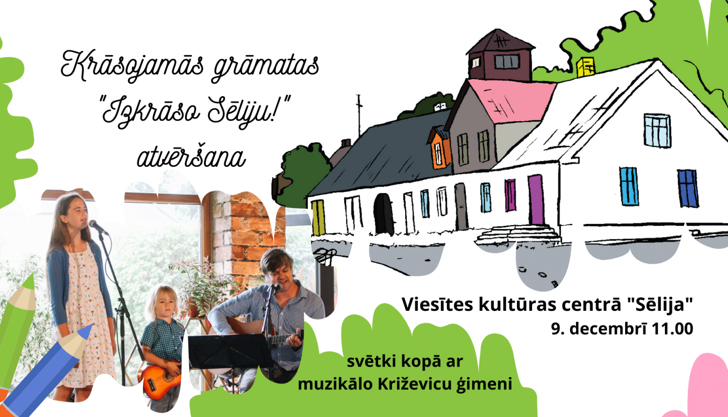 plakāts ar tekstu (laiks, vieta) un fona bildi - āžu miesta kontūrām, pa kreisi Križevicu ģimenes foto