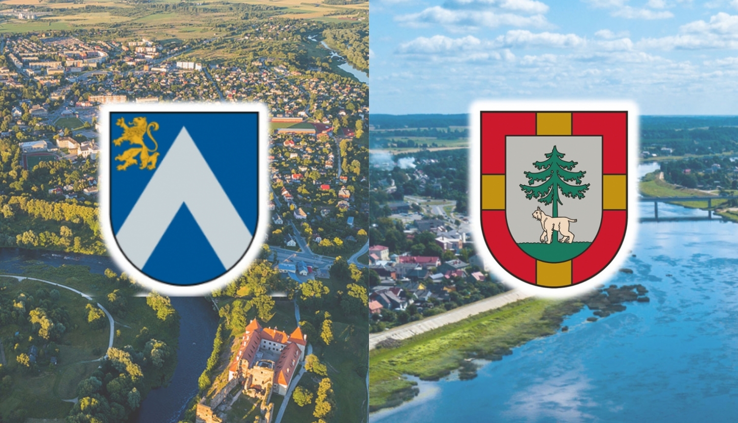 Bauskas novada ģerbonis un Jēkabpils novada ģerboņi uz drona uzņemtu pilsētainavu fona