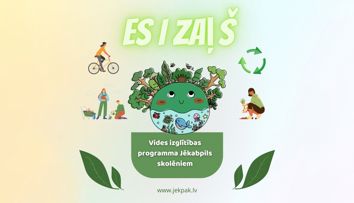 Es i zaļš plakāts - teksts uz zīmēta fona