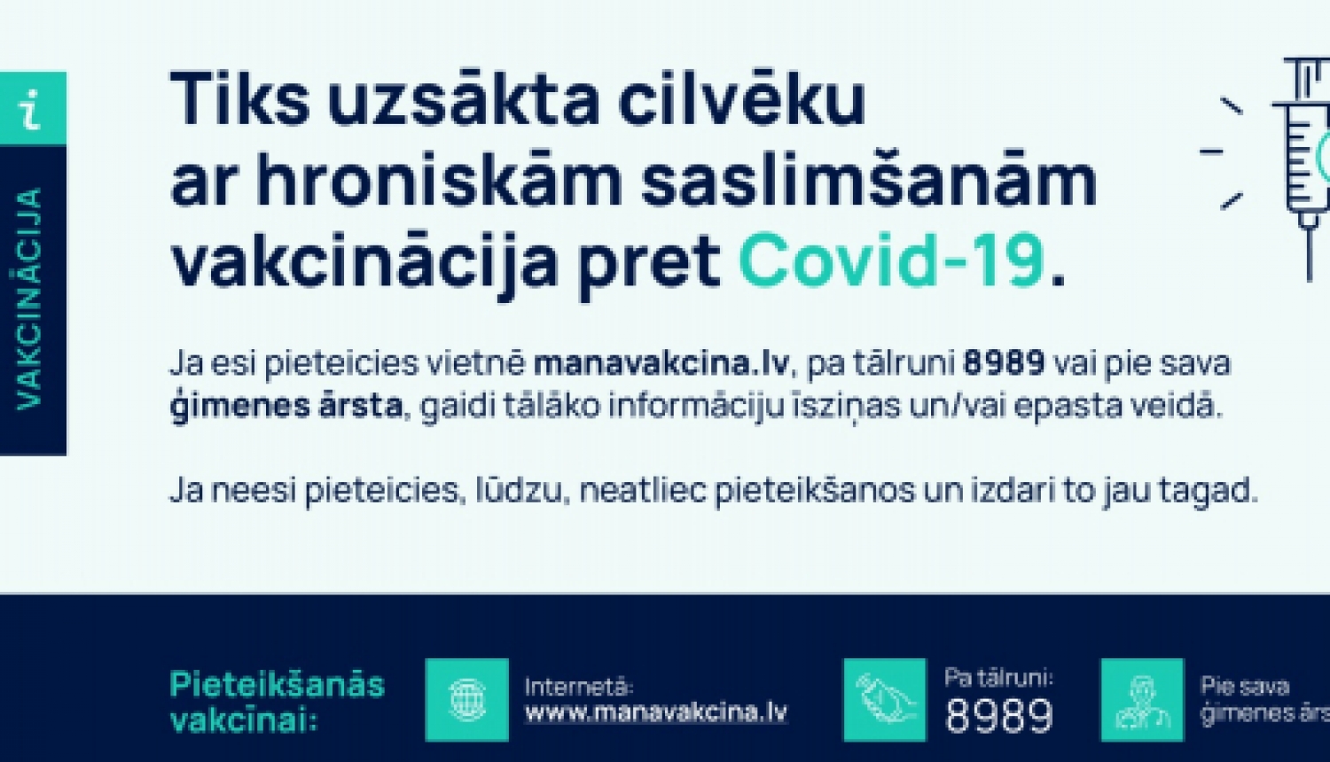 Vakcinācijai tiek atvērta jauna prioritārā grupa – iedzīvotāji ar hroniskajām saslimšanām