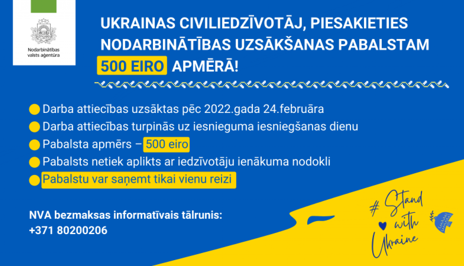 Plakāts ar informāciju par atbalstu ukraiņu bēgļiem uzsākot darbu Latvijā