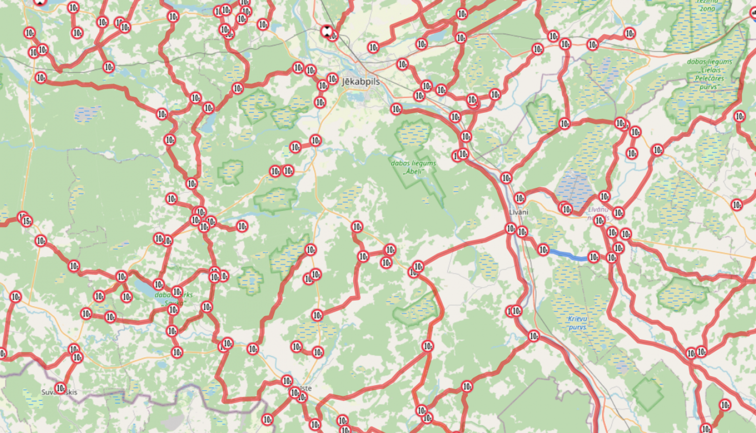 Masas ierobežojumu karte - valsts autoceļi 2023. gada pavasarī