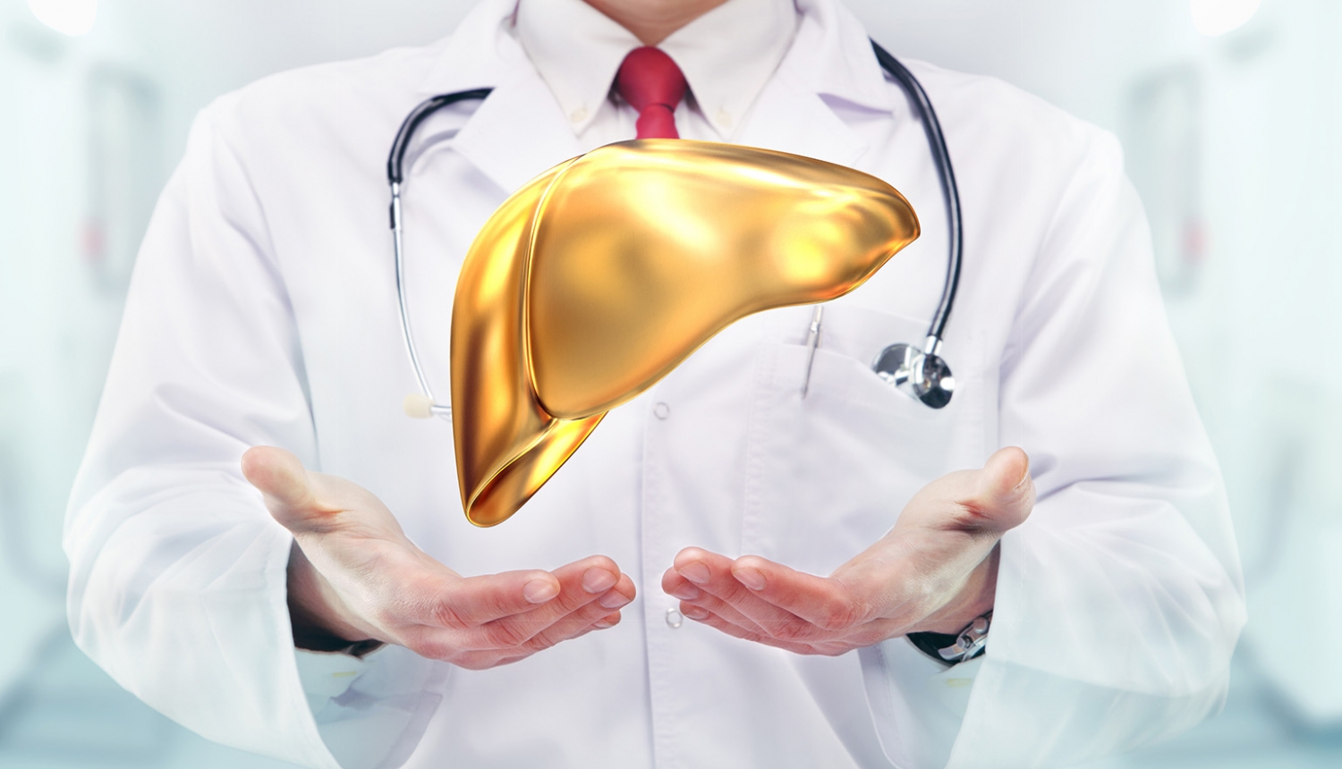 Vizualizācija - daktera rokas tura gaisā spīdošas aknas