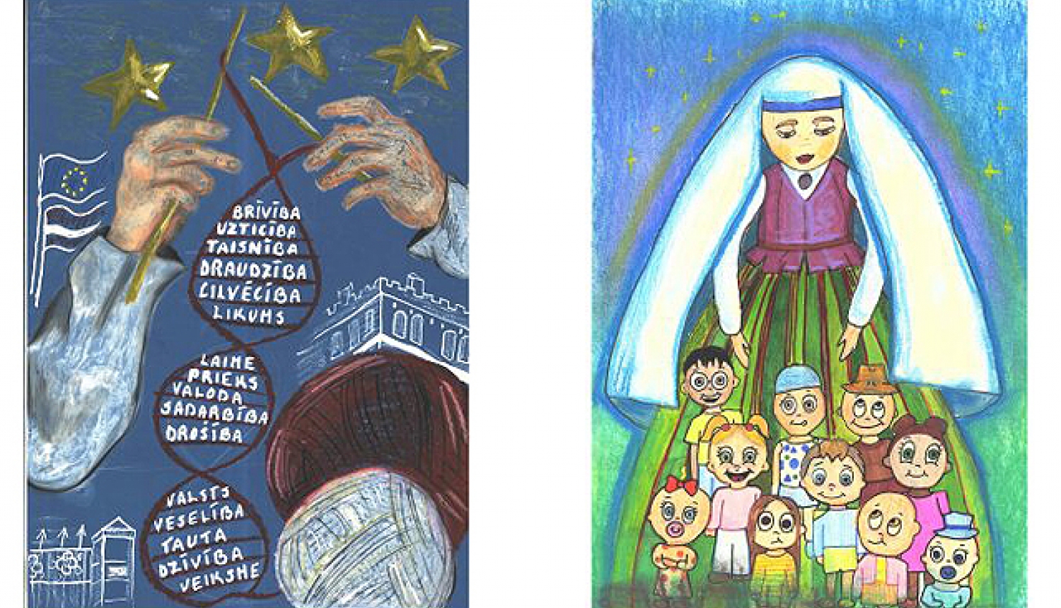 Attēlu kolāža ar abu meiteņu darbiem