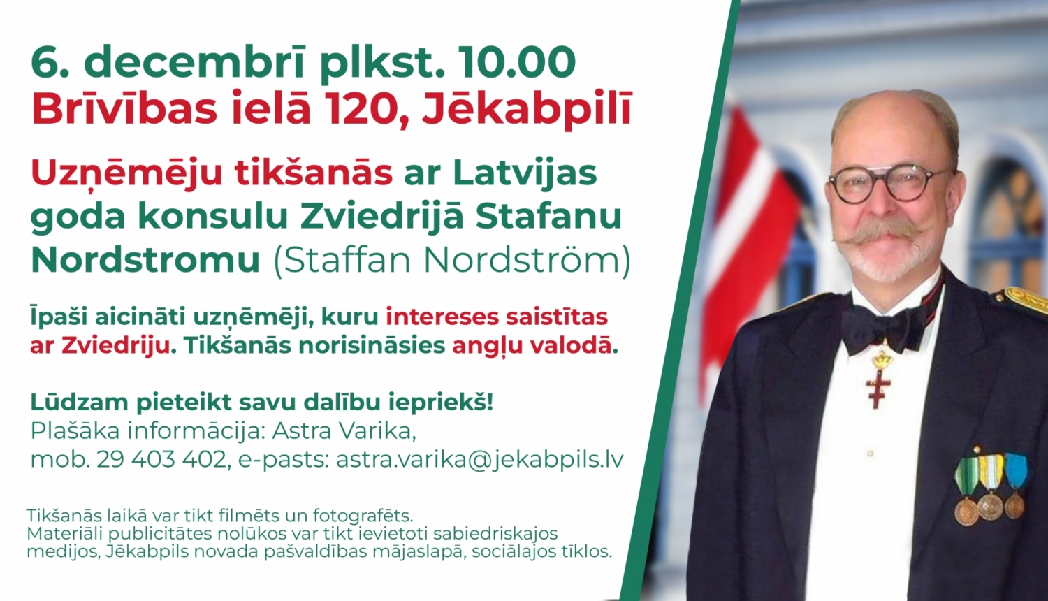 Uzaicinājuma teksts uz gaiša fona un Stafana portretfoto pa labi - vīrs gados ar brillēm, ūsām un bārdu