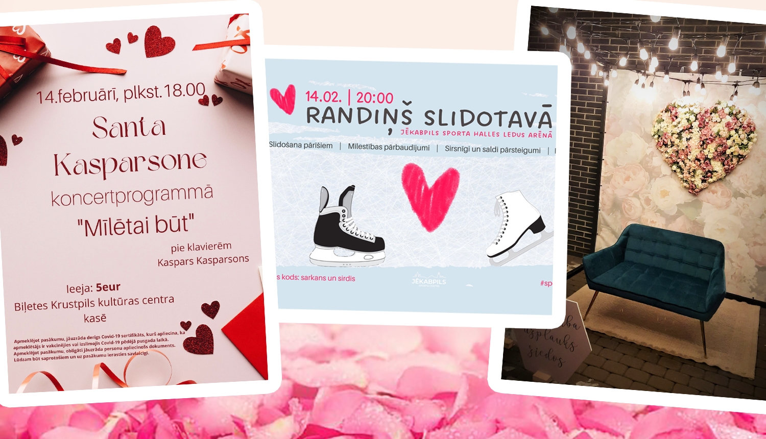 3 pasākumu afišu kolāža uz rožlapiņu fona