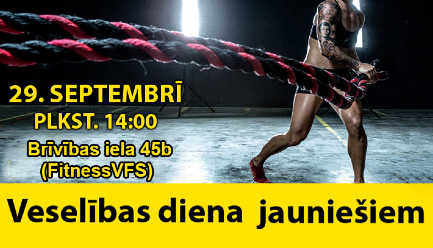 Veselības dienas afišas fragments - teksts uz fona, kur persona vingro ar auklām