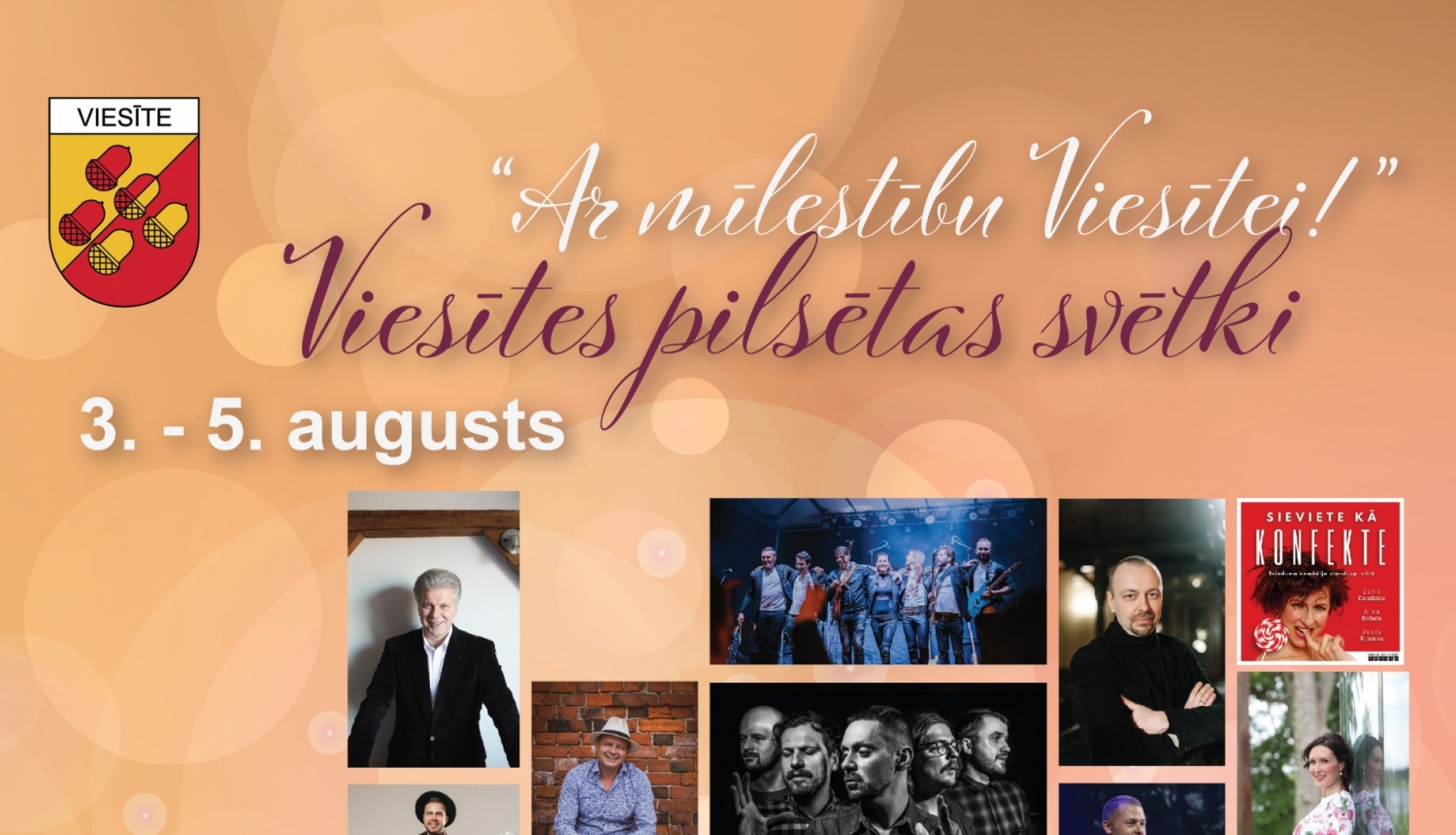 Viesītes pilsētas svētku plakāta daļa - uzraksts ar pilsētas ģerboni uz zeltaini brūngana fona un pāris bildes ar māksliniekiem